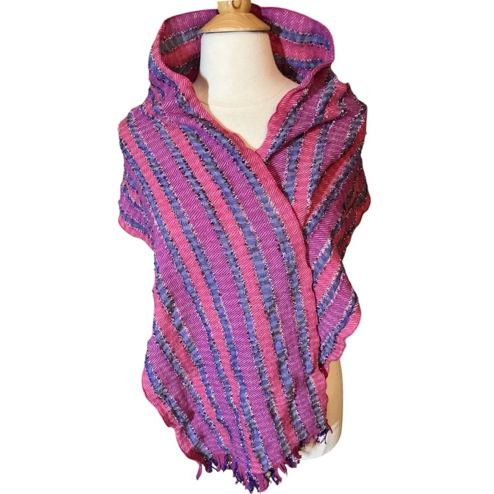 Per Una Pink,Purple Striped Cotton & Wool Blend Scarf  metallic fringe 13”Wx69”L